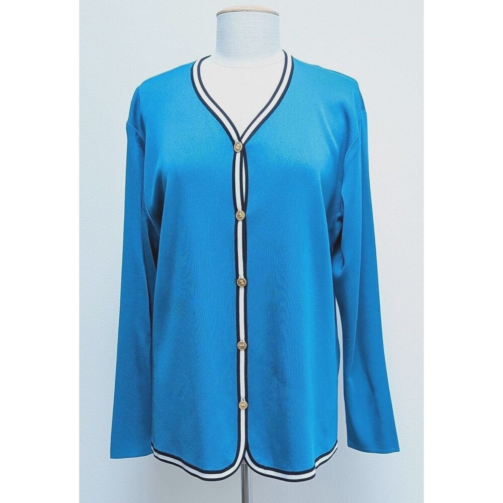 Exclusively Misook Blue Classic Cardigan V-Neck Sweater with Gold Buttons Size L